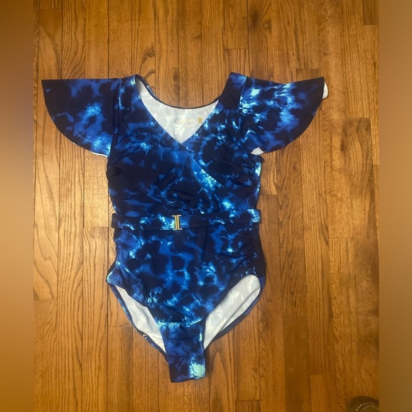 Amber noon blue onepiece ruffle sleeve swimsuit size 8 - Picture 8 of 9